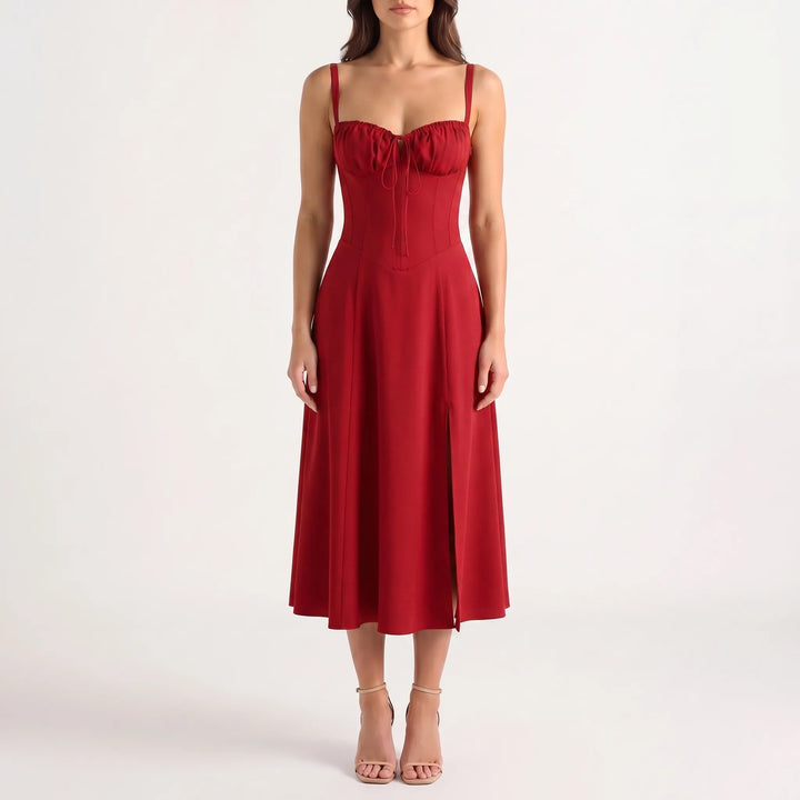 Women's Floral Corset Midi Dress - Summer Sundress with Slit