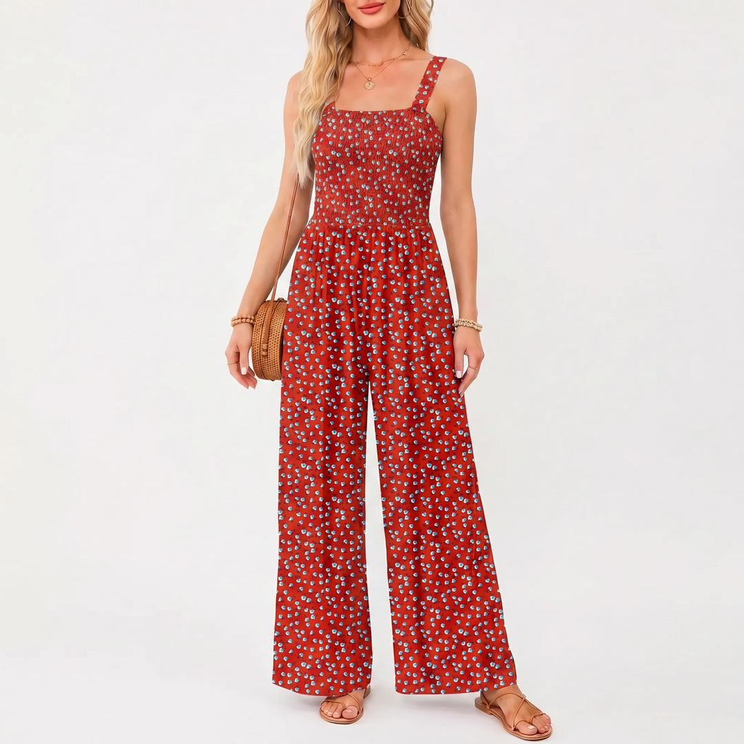 Women's Floral Wide Leg Jumpsuit - Smocked Bodice with Pockets