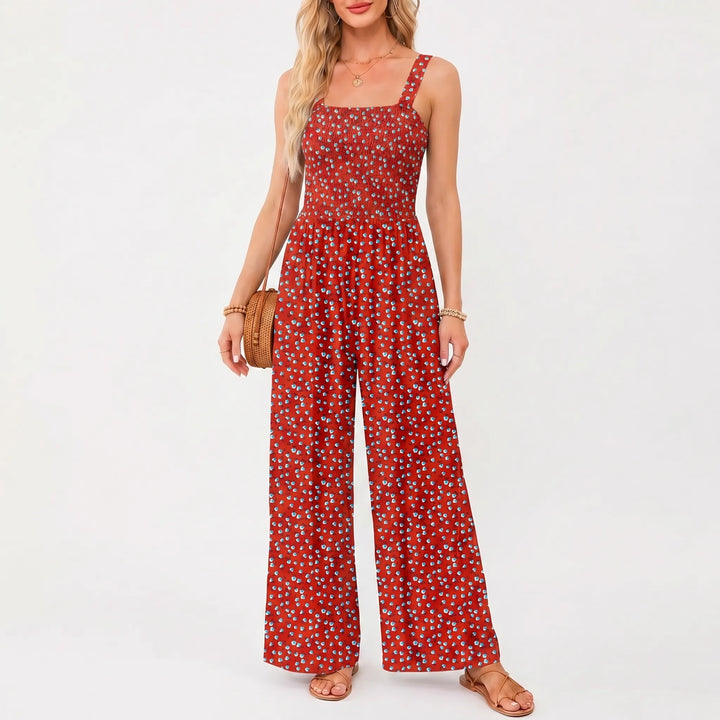 Women's Floral Wide Leg Jumpsuit - Smocked Bodice with Pockets