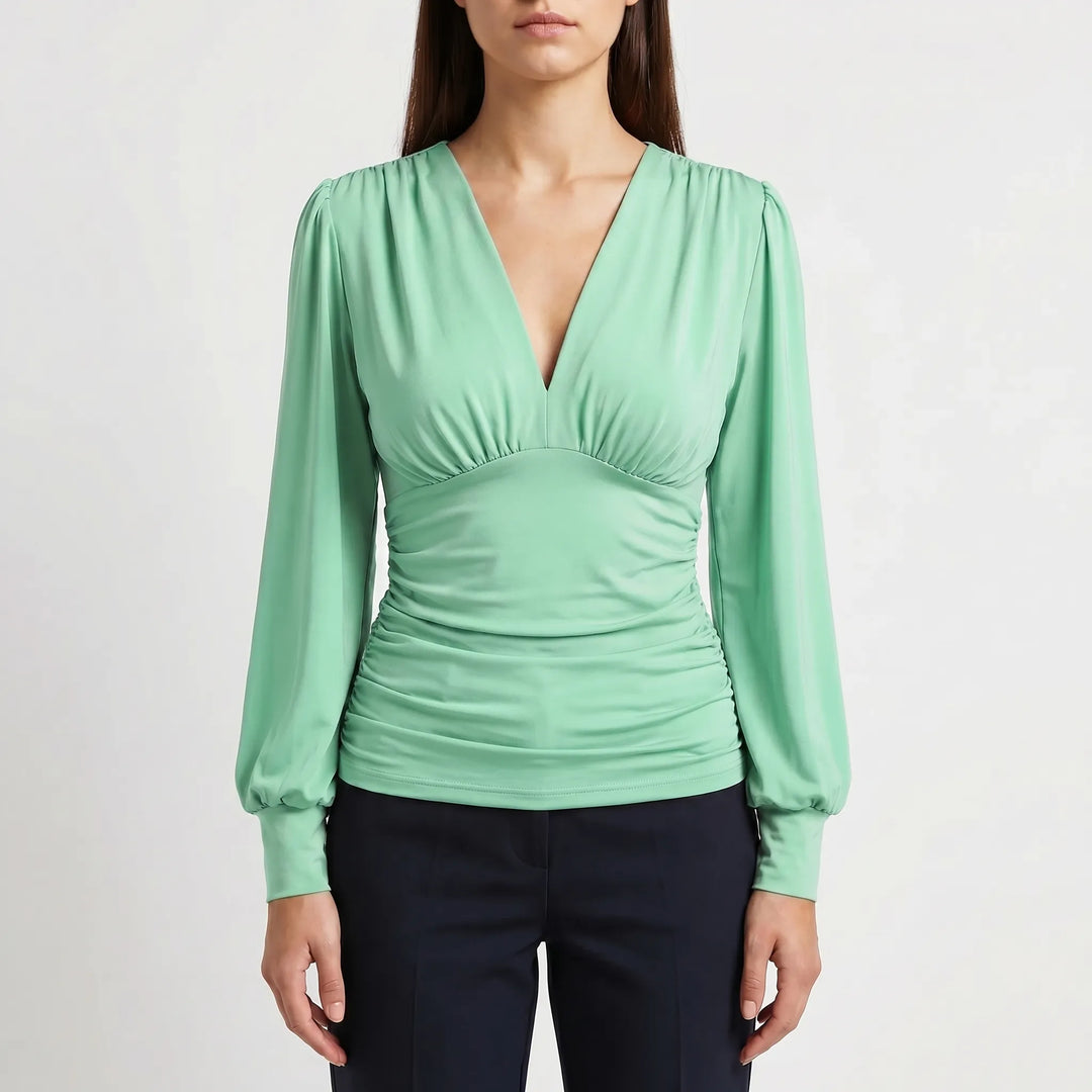 Women's Wrap V Neck Blouse - Dressy Ruched Waist Long Sleeve Top