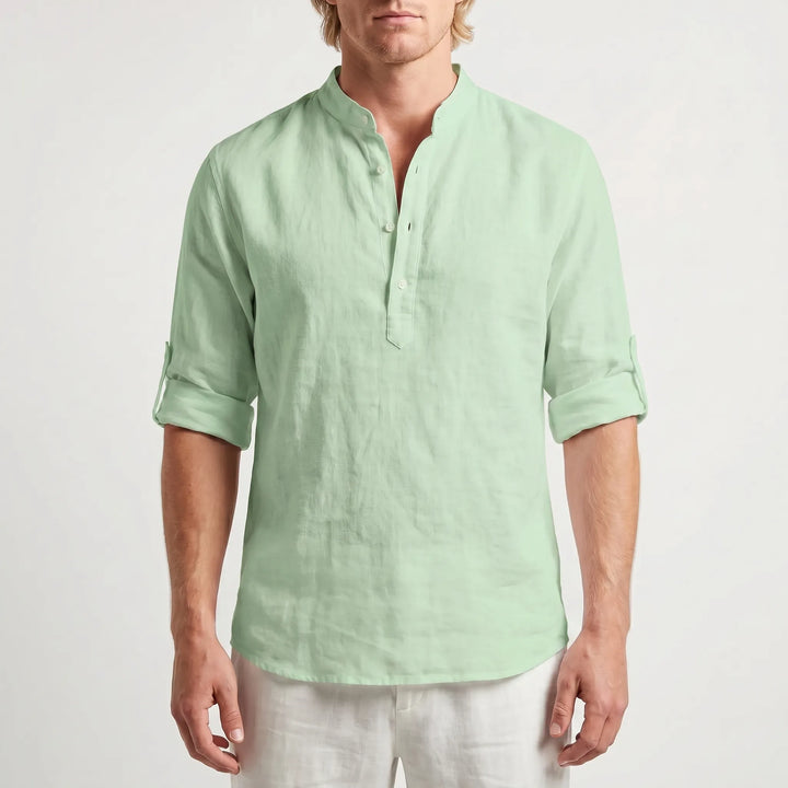 Men's Linen Henley Shirt - Casual Summer Beach Long Sleeve