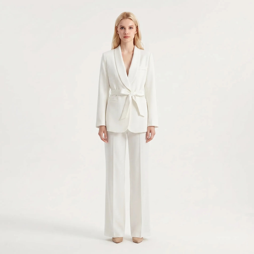 Women's 2 Piece Suit Set - Belted Blazer and Wide Leg Pants