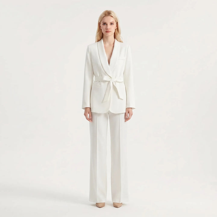Women's 2 Piece Suit Set - Belted Blazer and Wide Leg Pants