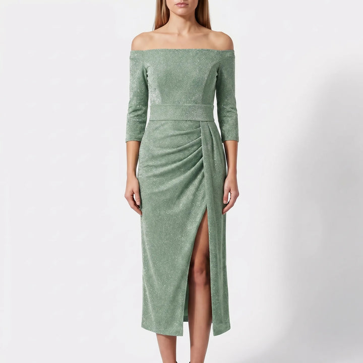 Women's Off Shoulder Midi Dress - Shimmer Bodycon for Evening
