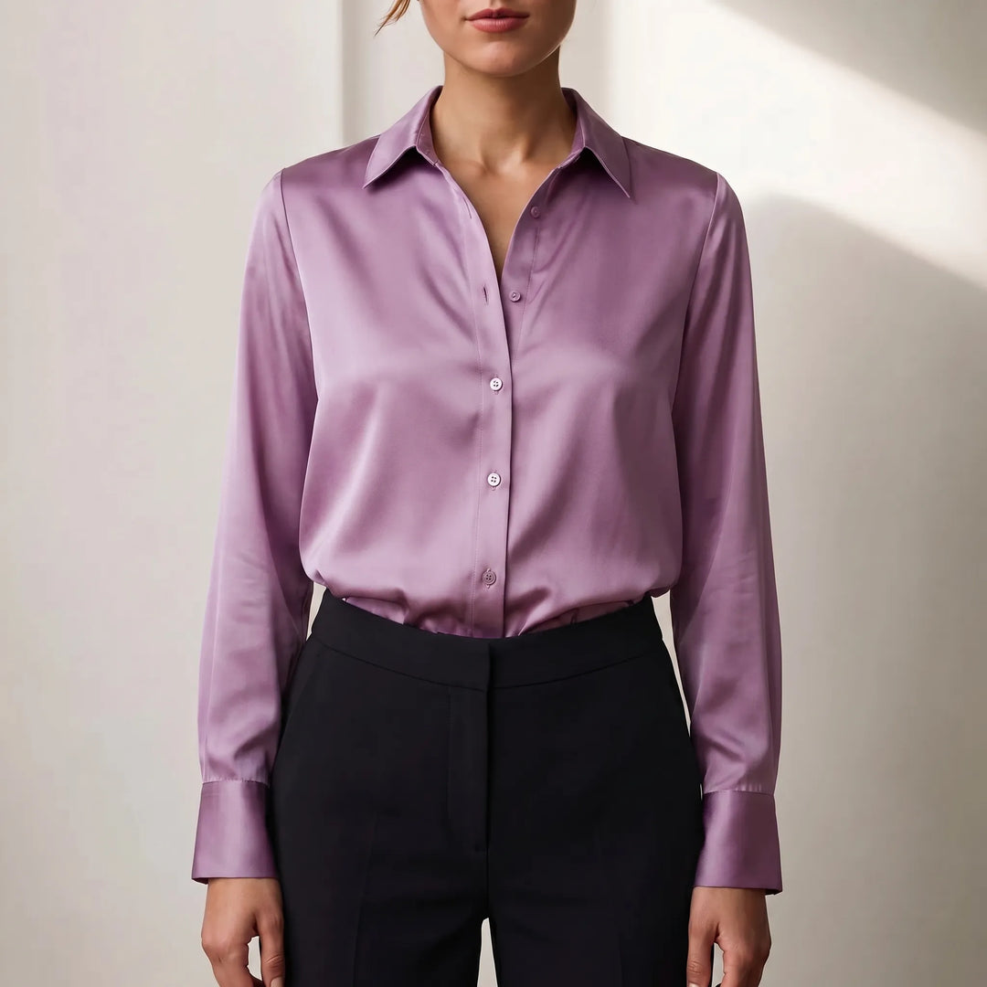 Women's Satin Button Down Blouse - Elegant Long Sleeve Work Shirt