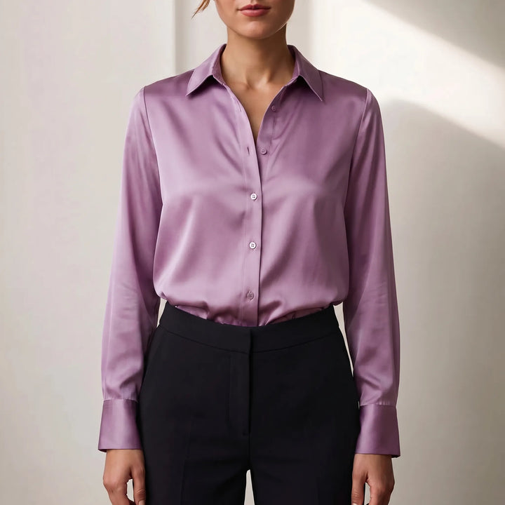 Women's Satin Button Down Blouse - Elegant Long Sleeve Work Shirt