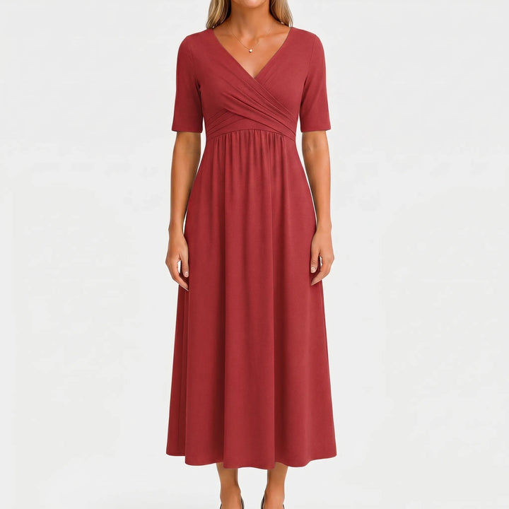 Women's V Neck Midi Dress - Wrap Bodice with Short Sleeve