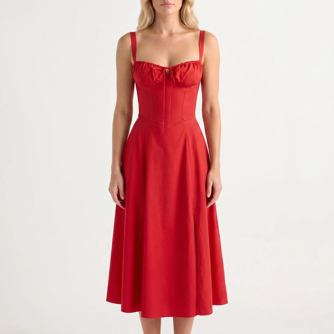 Women's Floral Midi Dress - Corset Bodice with Side Slit
