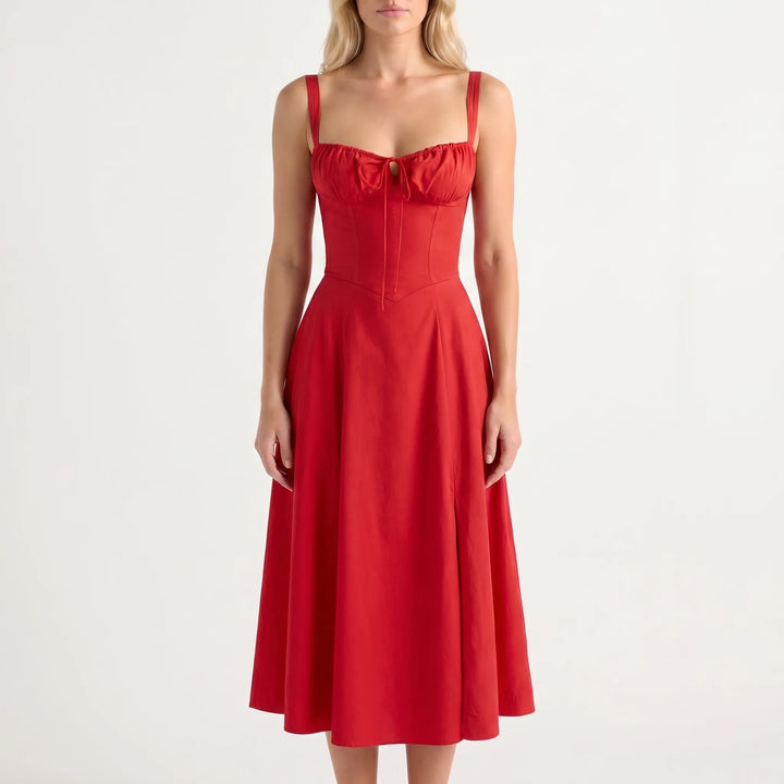 Women's Floral Midi Dress - Corset Bodice with Side Slit
