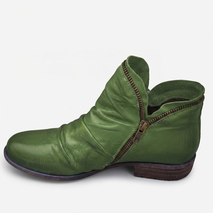 Women's Leather Ankle Boots - Zip Up with Ruched Detail