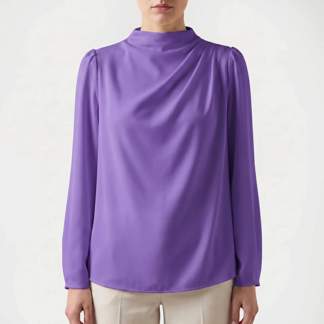 Women's Satin Draped Blouse - Elegant Long Sleeve Work Top