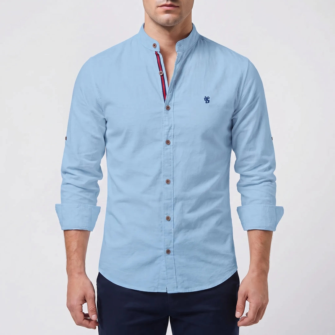 Men's Button Up Shirt - Band Collar with Long Sleeve