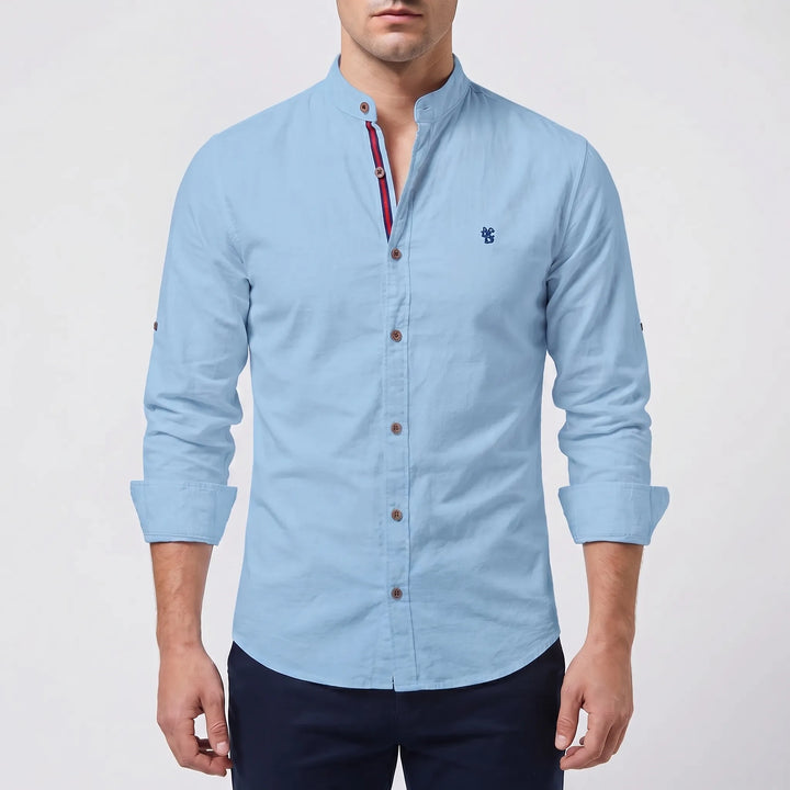 Men's Button Up Shirt - Band Collar with Long Sleeve