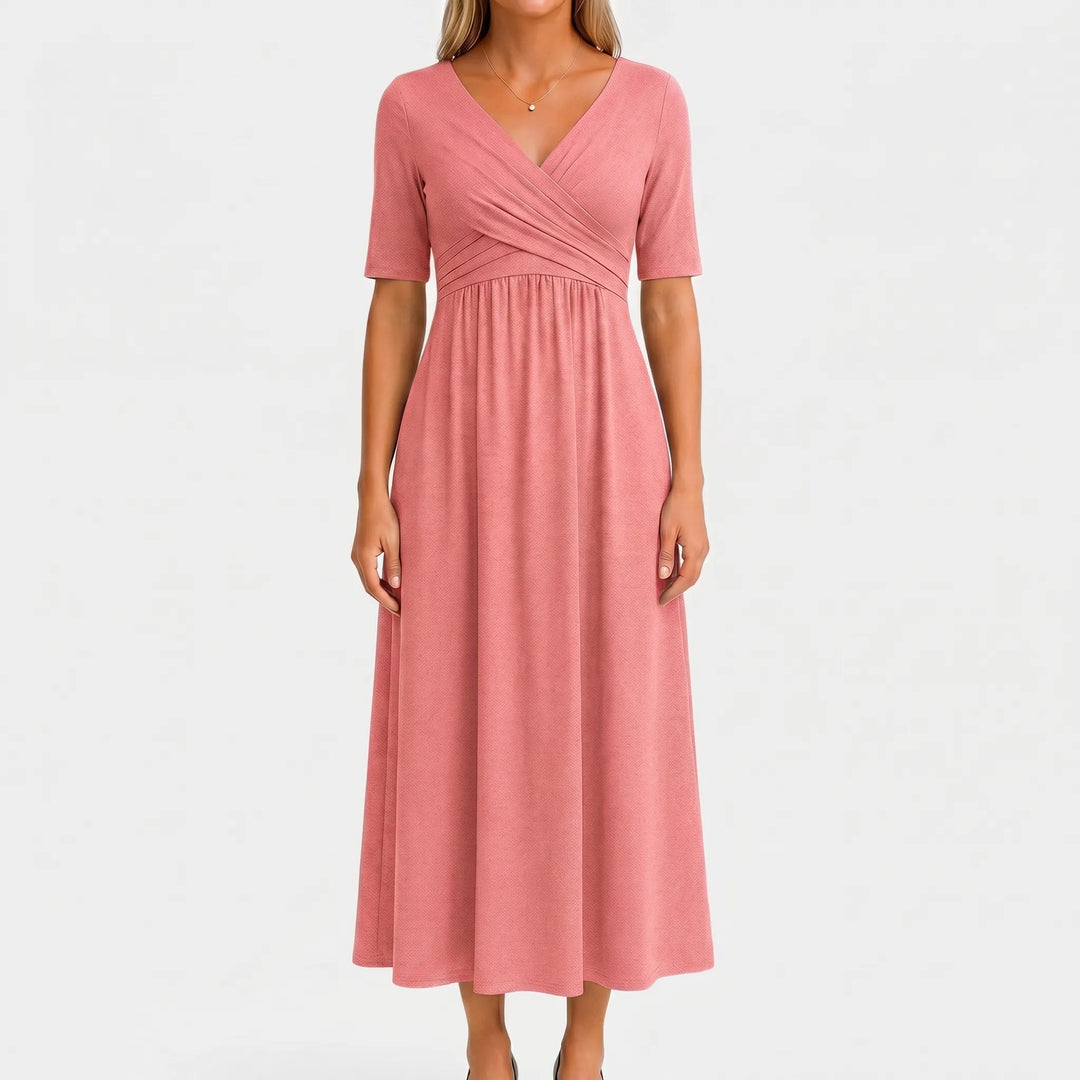 Women's V Neck Midi Dress - Wrap Bodice with Short Sleeve