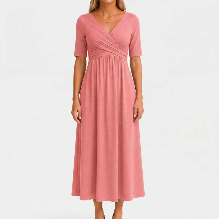 Women's V Neck Midi Dress - Wrap Bodice with Short Sleeve