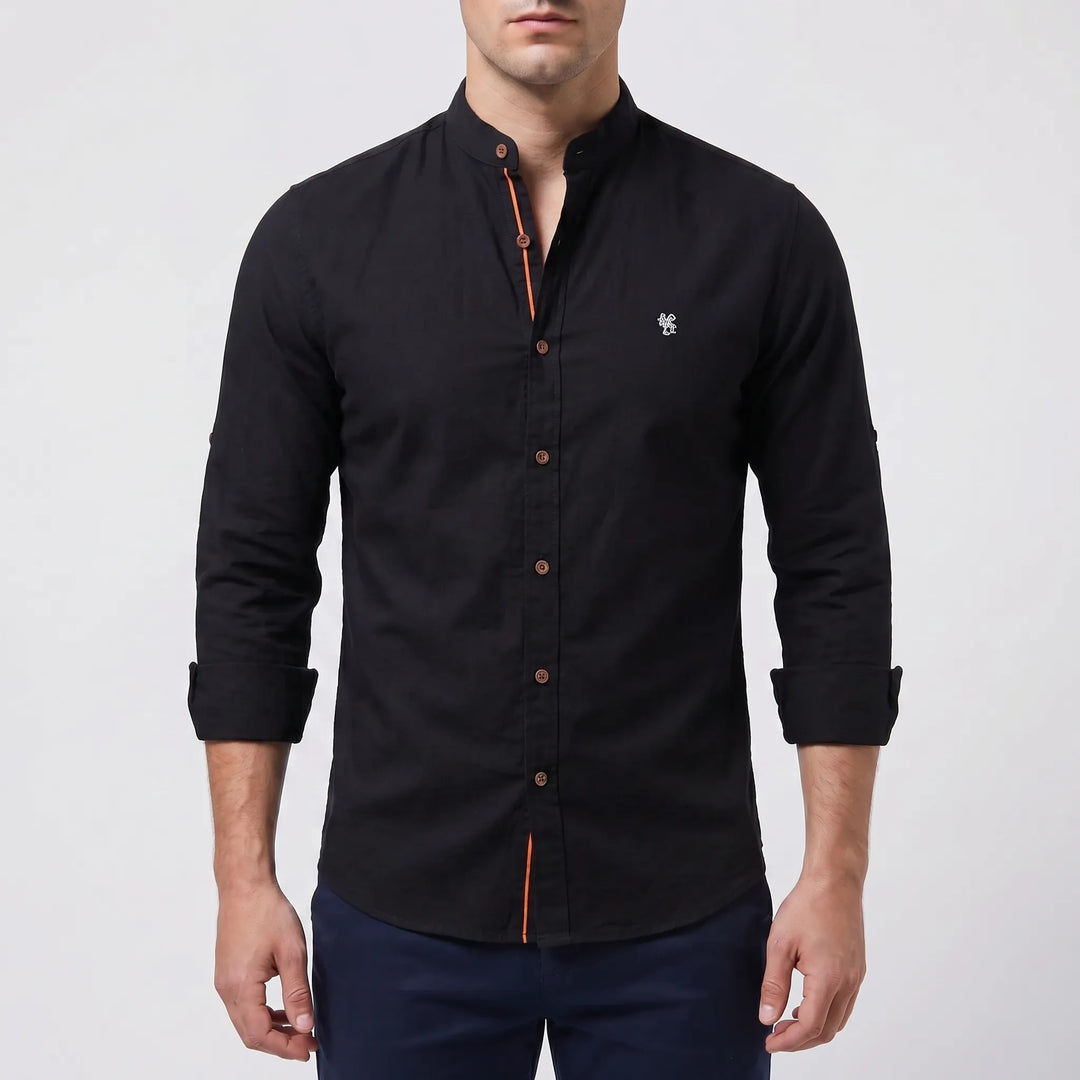 Men's Button Up Shirt - Band Collar with Long Sleeve
