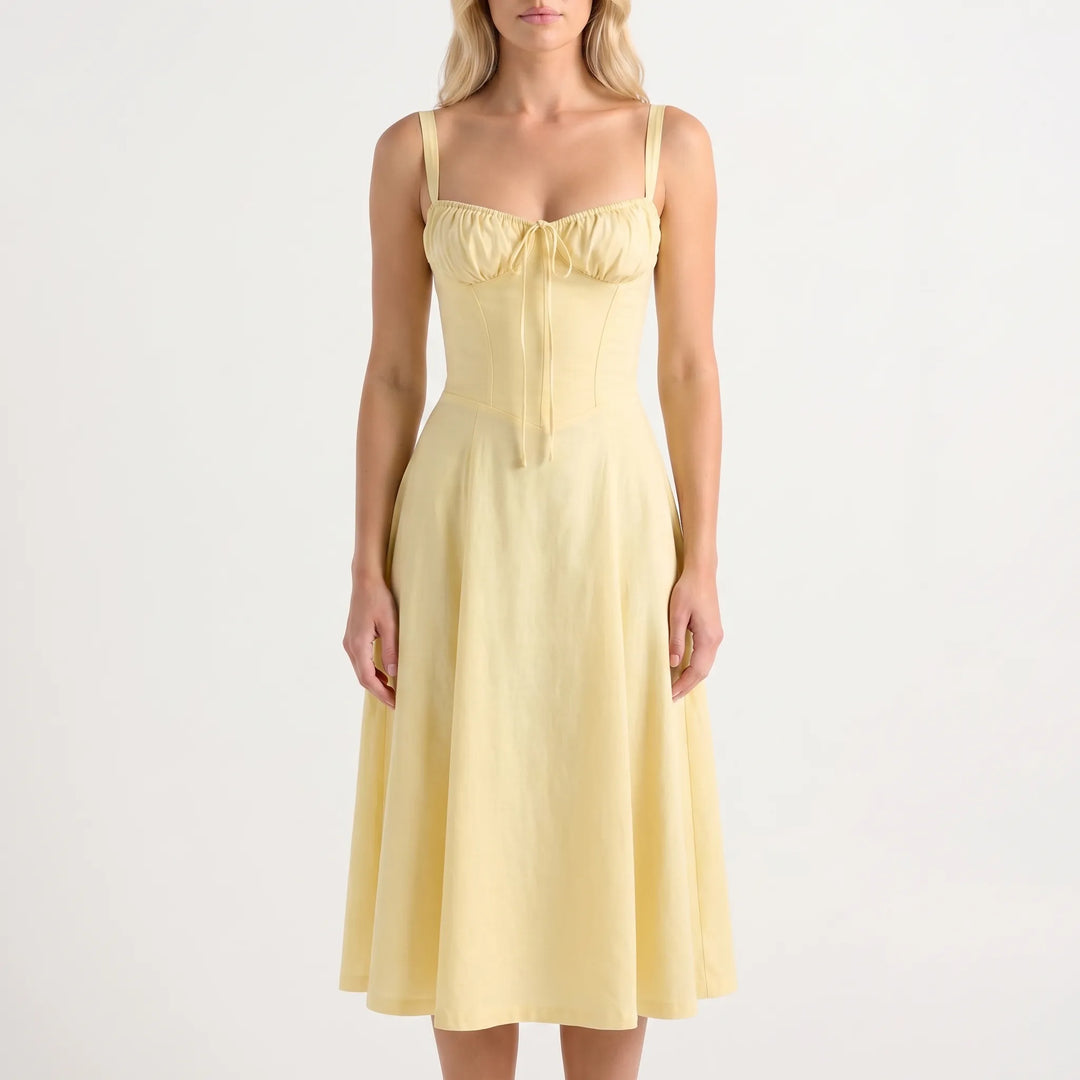 Women's Floral Midi Dress - Corset Bodice with Side Slit