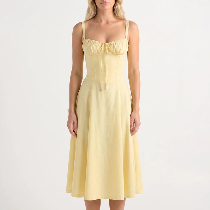Women's Floral Midi Dress - Corset Bodice with Side Slit