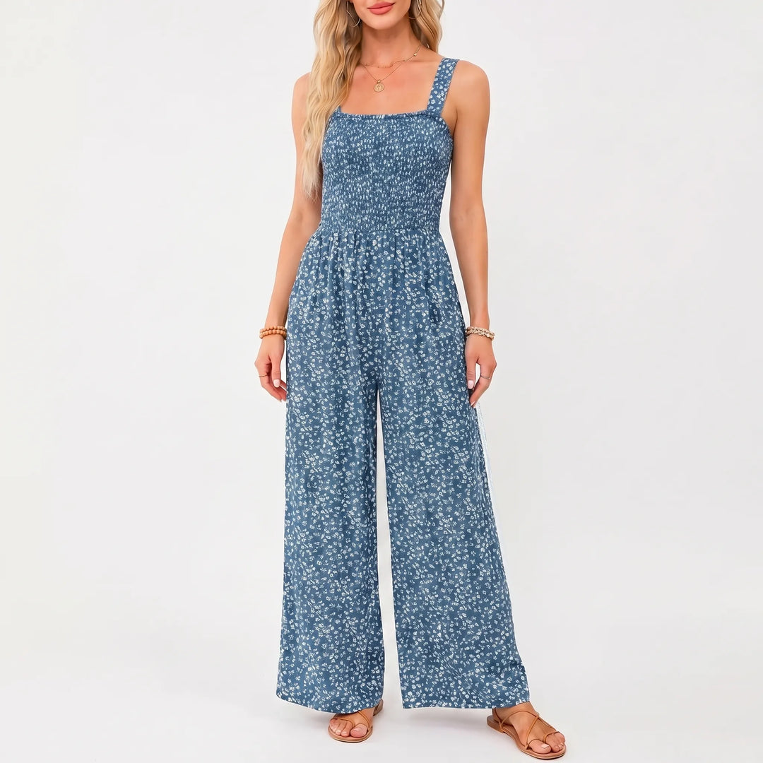 Women's Floral Wide Leg Jumpsuit - Smocked Bodice with Pockets