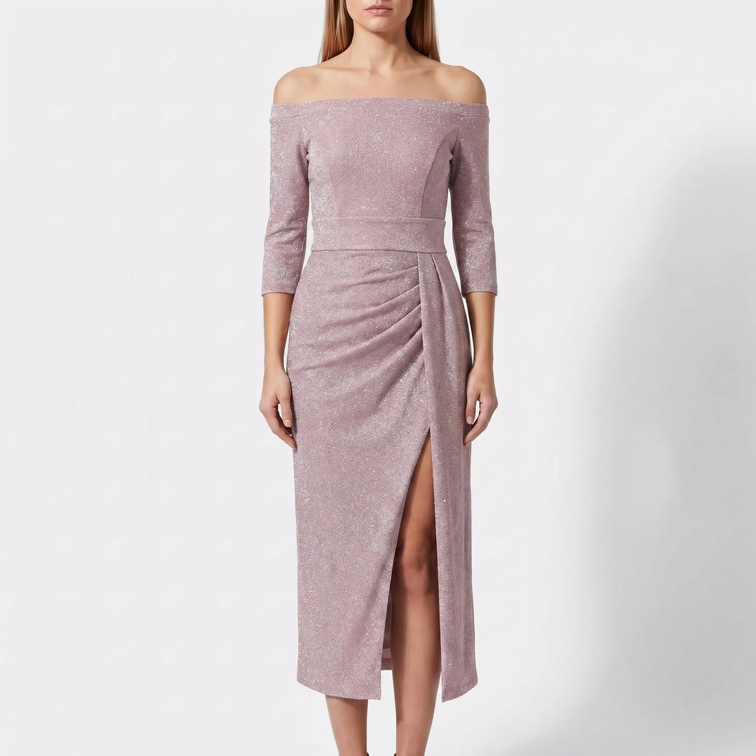 Women's Off Shoulder Midi Dress - Shimmer Bodycon for Evening