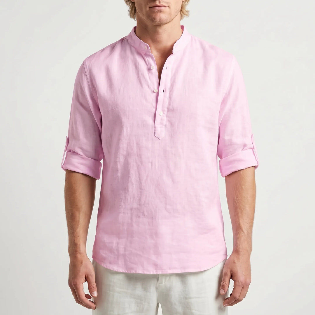Men's Linen Henley Shirt - Casual Summer Beach Long Sleeve