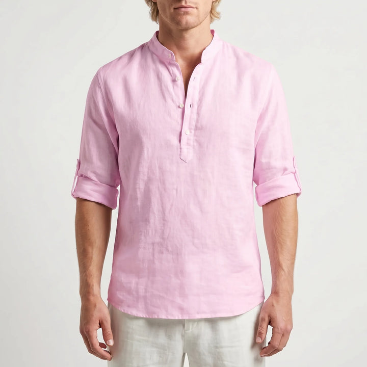 Men's Linen Henley Shirt - Casual Summer Beach Long Sleeve