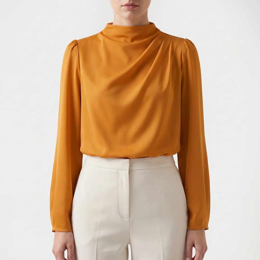 Women's Satin Draped Blouse - Elegant Long Sleeve Work Top