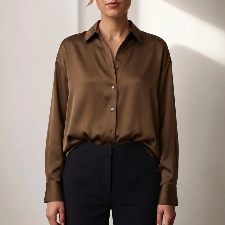 Women's Satin Button Down Blouse - Elegant Long Sleeve Work Shirt