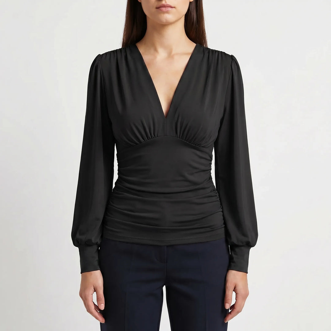 Women's Wrap V Neck Blouse - Dressy Ruched Waist Long Sleeve Top