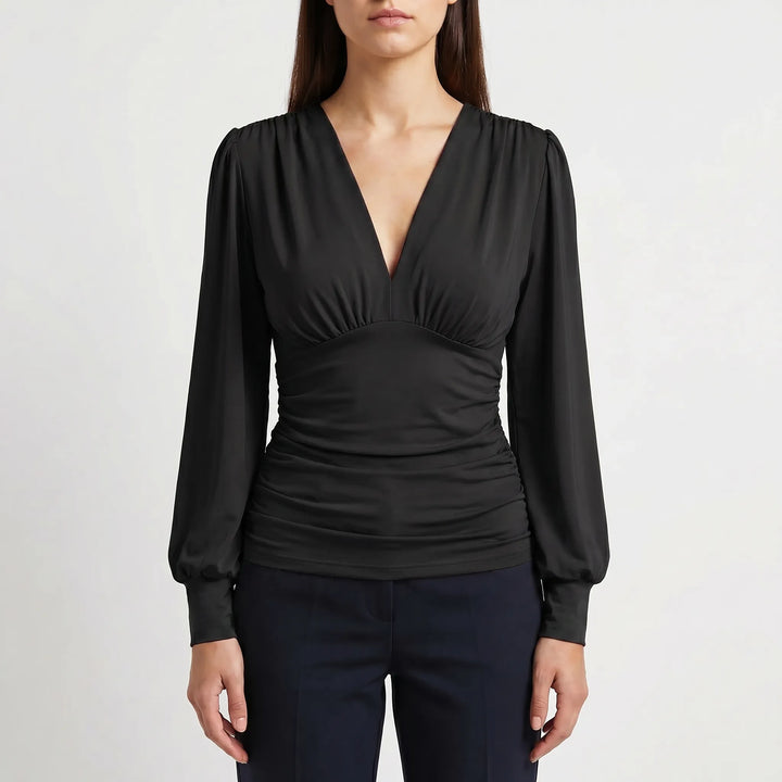 Women's Wrap V Neck Blouse - Dressy Ruched Waist Long Sleeve Top