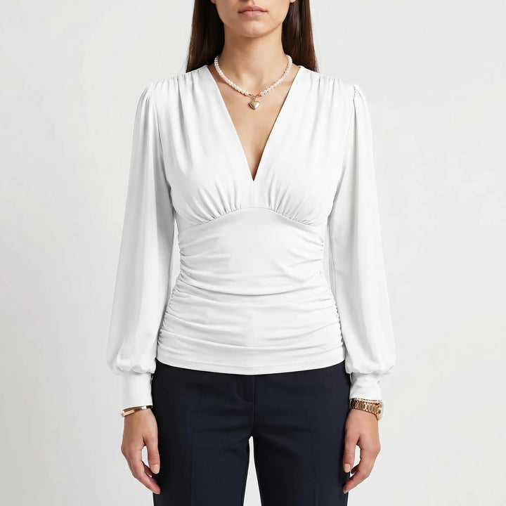 Women's Wrap V Neck Blouse - Dressy Ruched Waist Long Sleeve Top
