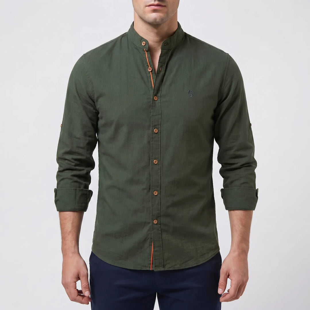 Men's Button Up Shirt - Band Collar with Long Sleeve