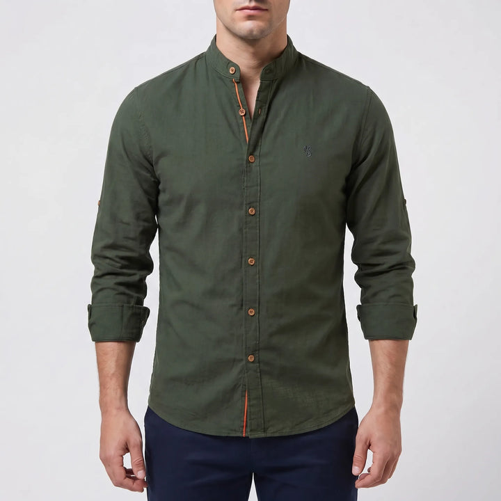 Men's Button Up Shirt - Band Collar with Long Sleeve