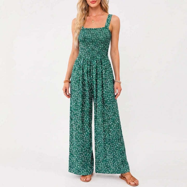 Women's Floral Wide Leg Jumpsuit - Smocked Bodice with Pockets
