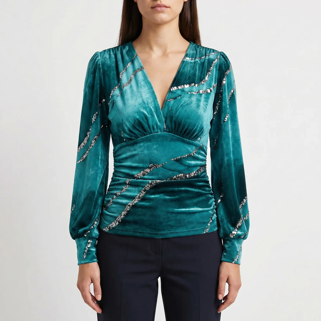 Women's Wrap V Neck Blouse - Dressy Ruched Waist Long Sleeve Top