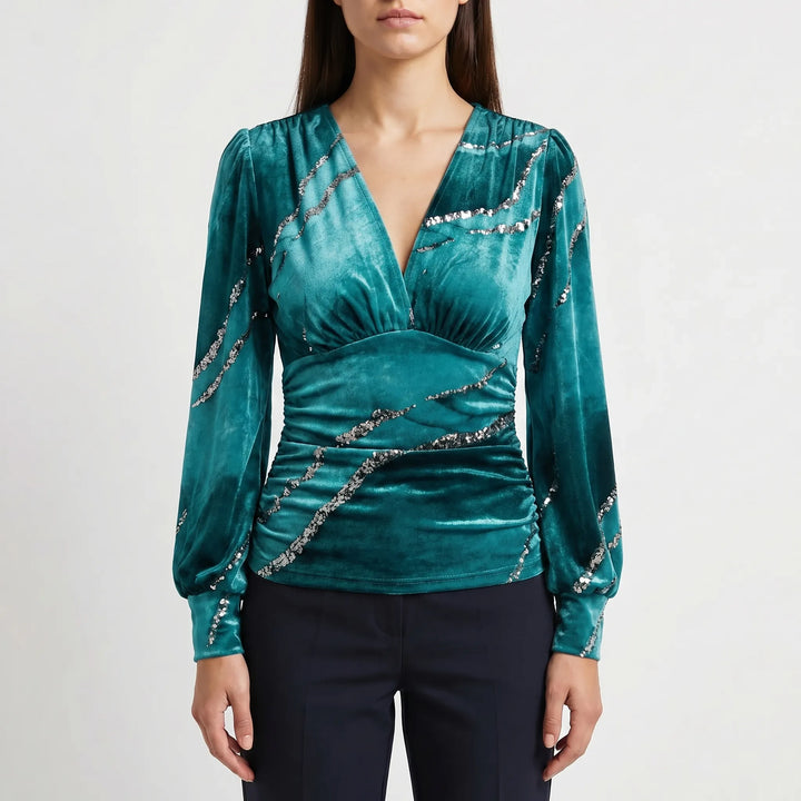 Women's Wrap V Neck Blouse - Dressy Ruched Waist Long Sleeve Top