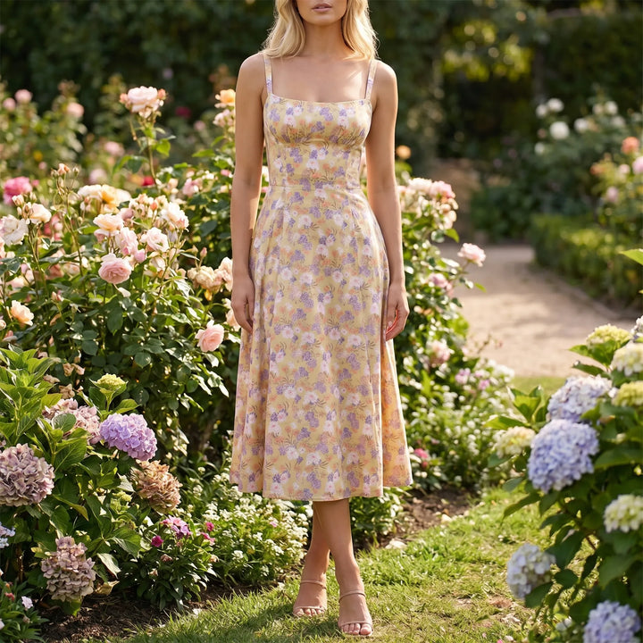 Women's Floral Midi Dress - Corset Bodice with Side Slit