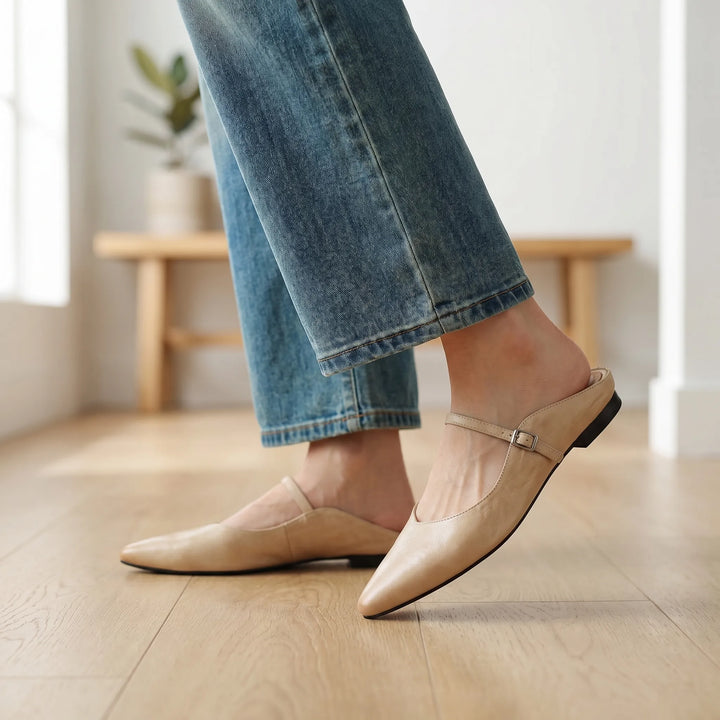 Women's Leather Mules - Pointed Toe with Mary Jane Strap