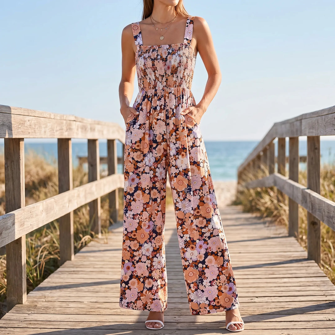 Women's Floral Wide Leg Jumpsuit - Smocked Bodice with Pockets