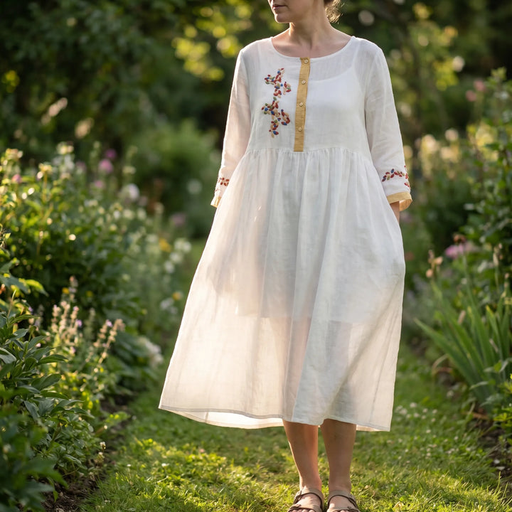Women's Embroidered Boho Midi Dress - Casual Summer Sundress