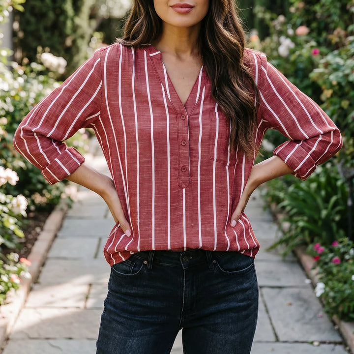 Women's Striped V Neck Blouse - Casual Summer Button Front