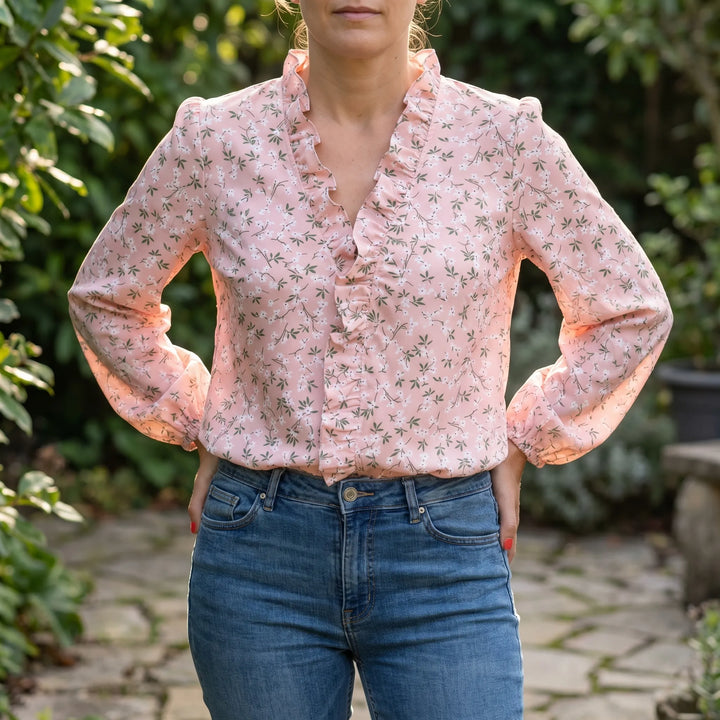 Women's Ruffle V Neck Blouse - Casual Floral Long Sleeve Summer Top