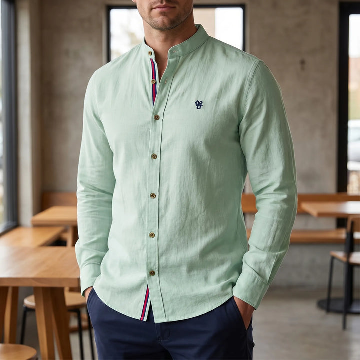 Men's Button Up Shirt - Band Collar with Long Sleeve