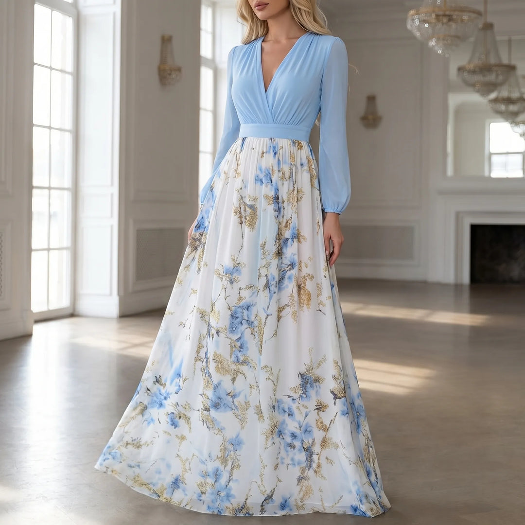 Women's Floral Maxi Dress - Long Sleeve with Contrast Bodice