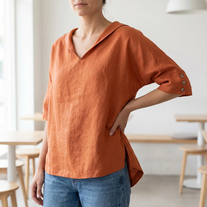 Women's V Neck Casual Top - Relaxed Fit with Half Sleeve