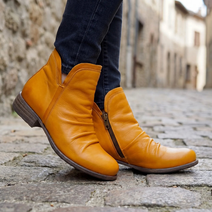 Women's Leather Ankle Boots - Zip Up with Ruched Detail