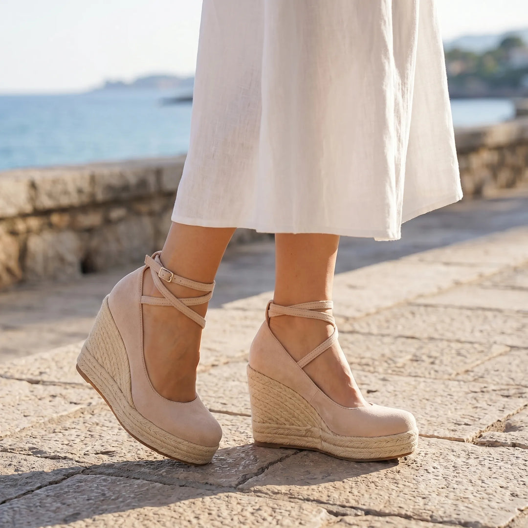 Women's Espadrille Wedge Heels - Closed Toe with Cross Strap