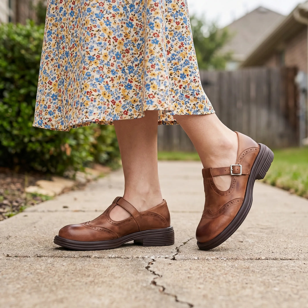 Women's Mary Jane Shoes - Brogue Detail with Buckle Strap