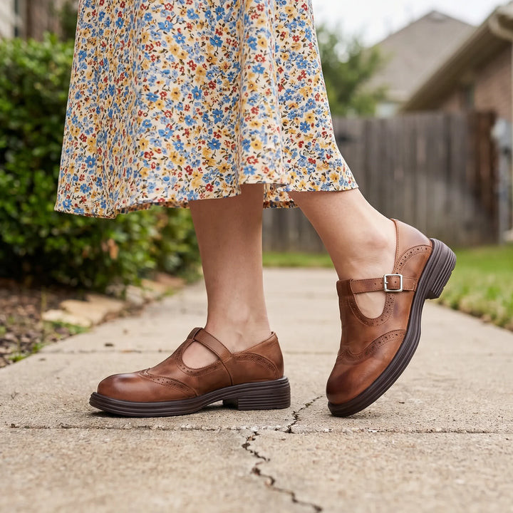 Women's Mary Jane Shoes - Brogue Detail with Buckle Strap