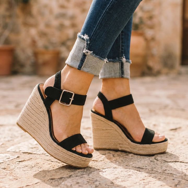 Women's Espadrille Wedge Sandals - Open Toe with Ankle Strap